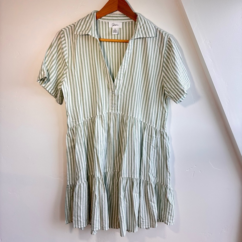 Japna Striped Short Sleeve striped green tiered Dress Sz M